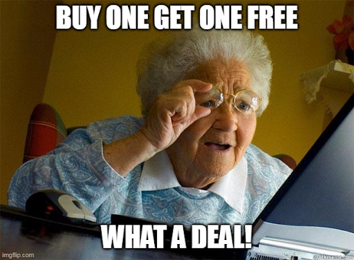 old woman celebrates a good deal 
